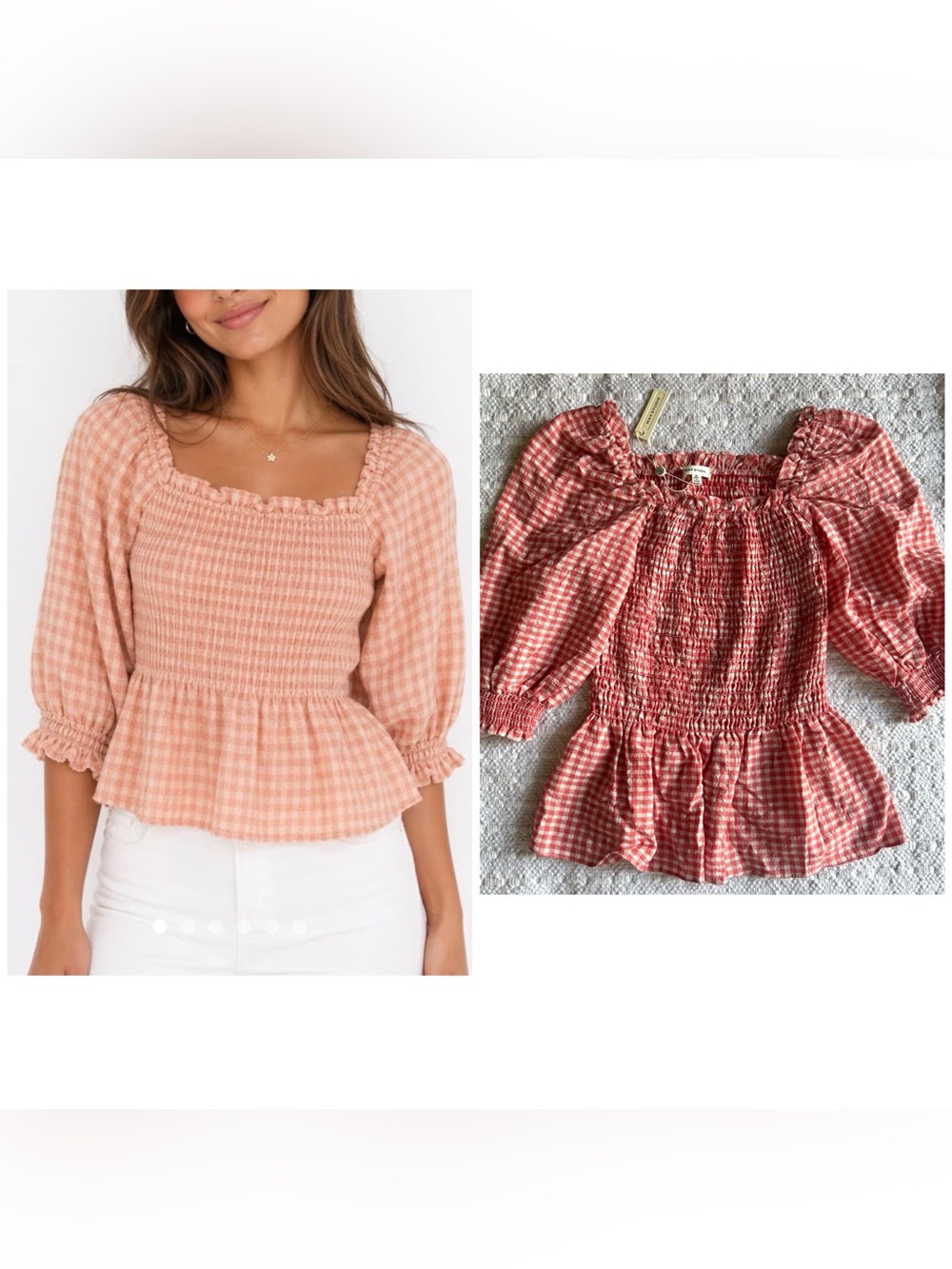 NWT Max Studio Smocked Gingham Peplum Top -